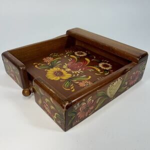 Vintage Rosemaling Handcrafted Folk Art Wood Napkin Holder Box Signed Jeri 1960